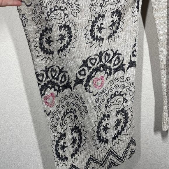 Desigual Small Boho Duster Cardigan Tan Geometric Heart Print Open Front - Picture 6 of 11